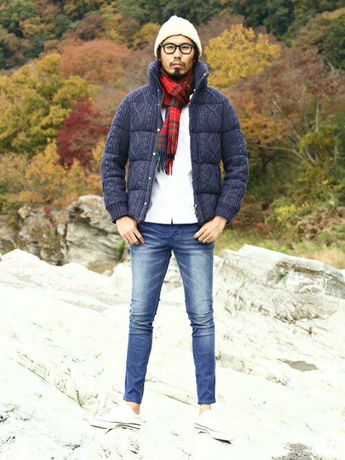JEE使用「The DUFFER of ST.GEORGE（HIGH - NECKED CABLE KNIT DOWN JACKET：ニットダウン）」的時尚穿搭