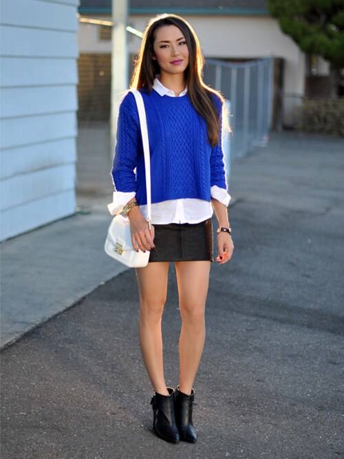Jessica is wearing "Blue Long Sleeve Cable Knit Crop Sweater"