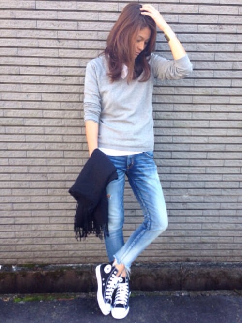 yukoさんのデニムパンツ「【Casual】 フレイドヘムストスリ (Ungrid|アングリッド)」を使ったコーディネート