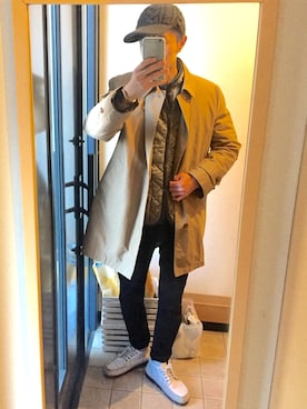 「ニットキャップ」｜「アイテム（ステンカラーコート）」を使った、わーっ。さん（メンズ・186cm）の冬コーディネート