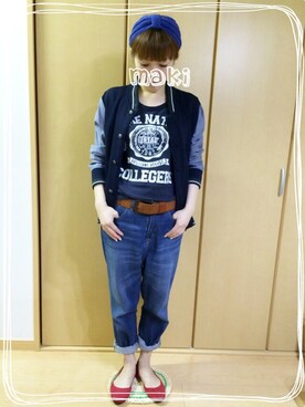 「ボーイフレンドデニム」｜「アイテム（スタジャン）」を使った、まきさん（レディース・155cm）の秋コーディネート