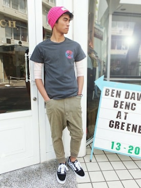 「BEN DAVIS/PROJECT LINE（ベンデイビスプロジェクトライン）のアイテム（ニットキャップ/ビーニー）」を使った、リョウさん（メンズ・175cm）の春コーディネート