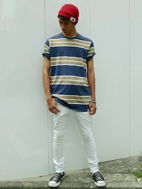 「BEN DAVIS/PROJECT LINE（ベンデイビスプロジェクトライン）のアイテム（ニットキャップ/ビーニー）」を使った、リョウさん（メンズ・175cm）の夏コーディネート