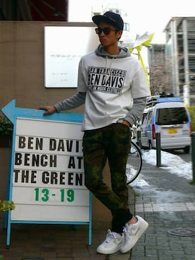 「BEN DAVIS/PROJECT LINE（ベンデイビスプロジェクトライン）のアイテム（帽子）」を使った、リョウさん（メンズ・175cm）の冬コーディネート