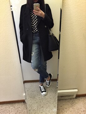 「A&F（エーアンドエフ）のアイテム（デニムパンツ、ブルー系）」を使った、有只肥兔儿さん（レディース・165cm）の冬コーディネート