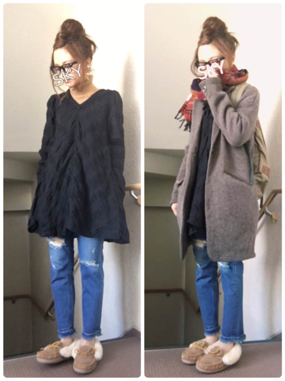 「ベージュ、ダメージデニム、ミネトンカ、patagonia」｜「mysticの【mystic】サッカーチュニック（シャツ/ブラウス、ブラック系）」を使った、skyさん（レディース・153cm）の冬コーディネートの1枚目の写真