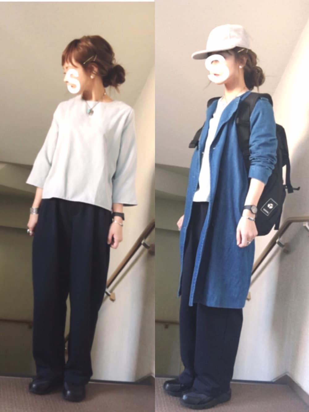 ブルー系のシャツ/ブラウス、ブルー系のトレンチコート、ブラック系のバックパック/リュックを着用したレディースの春コーディネートの1枚目の写真