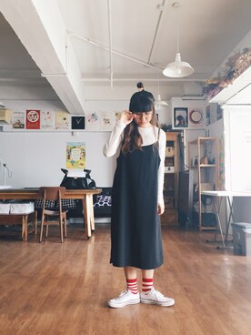 「白いスニーカー」｜「アイテム（ワンピース/ドレス）」を使った、Dさん（レディース・155cm）の春コーディネート