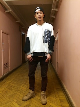 「アイテム（デニムパンツ、レッド系）」を使った、Keitaさん（メンズ・175cm）の冬コーディネート