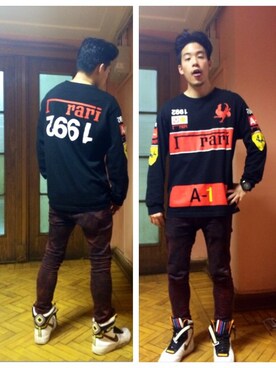 「アイテム（デニムパンツ、レッド系）」を使った、Keitaさん（メンズ・175cm）の冬コーディネート