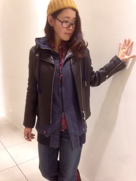 「アメカジ」｜「アイテム（ライダースジャケット）」を使った、Yasさん（レディース・153cm）の秋コーディネート