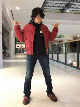 「レッド」｜「アイテム（MA-1）」を使った、Yasさん（レディース・156cm）の冬コーディネート