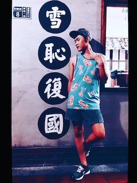 「5（ファイブ）のアイテム（帽子）」を使った、Adonis Zengさん（メンズ・167cm）の夏コーディネート