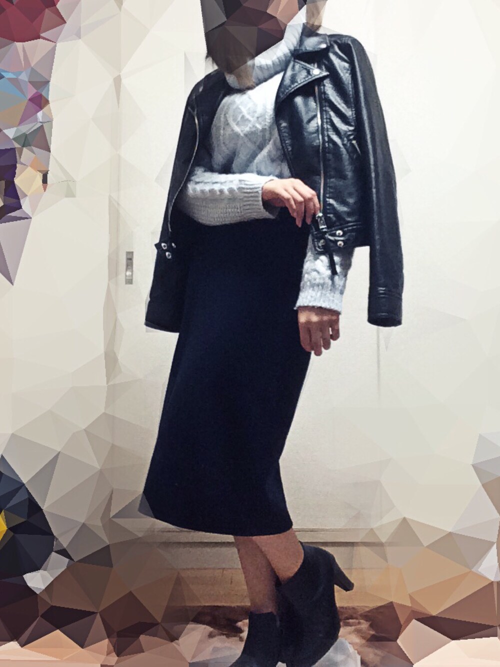 「ootd、秋のコーデ、fashion、fashionista、同系色コーデ、ライダース、寒い」｜「one wayのアイテム（ニット/セーター、ブルー系）」を使った、ayumiiiさん（レディース・158cm）の秋コーディネートの1枚目の写真
