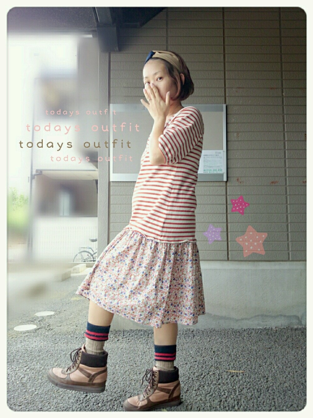 「夏、古着、マタニティー、ワンピース、小花柄、ボーダー、ヒールスニーカー、カチューム」｜「earth music&ecologyのアイテム（ワンピース/ドレス、その他）」を使った、silkhatさん（レディース・147cm）の夏コーディネートの1枚目の写真