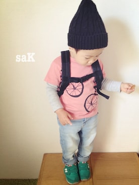 「西松屋（ニシマツヤ）のアイテム（Tシャツ/カットソー、ピンク系）」を使った、saKanaさん（キッズ・90cm）の春コーディネート