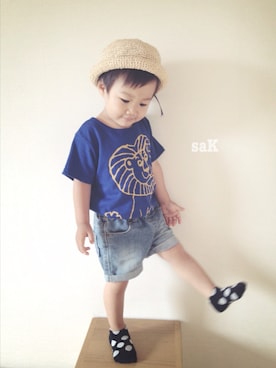 「西松屋（ニシマツヤ）のアイテム（Tシャツ/カットソー、ブルー系）」を使った、saKanaさん（キッズ・90cm）の夏コーディネート