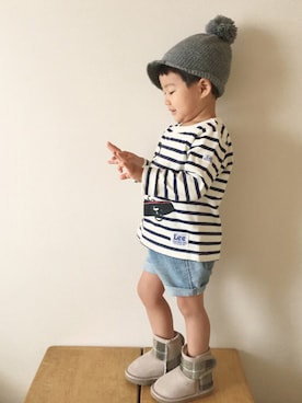 「Handmade（ハンドメイド）のアイテム（ニットキャップ/ビーニー、グレー系）」を使った、saKanaさん（キッズ・90cm）の秋コーディネート
