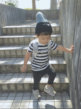 「無印良品（ムジルシリョウヒン）のアイテム（Tシャツ/カットソー、ホワイト系）」を使った、saKanaさん（キッズ・90cm）の秋コーディネート