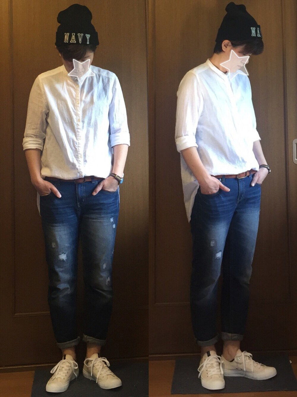 ホワイト系のシャツ/ブラウス、ブルー系のデニムパンツ、ホワイト系のスニーカーを着用したレディースの夏コーディネートの1枚目の写真