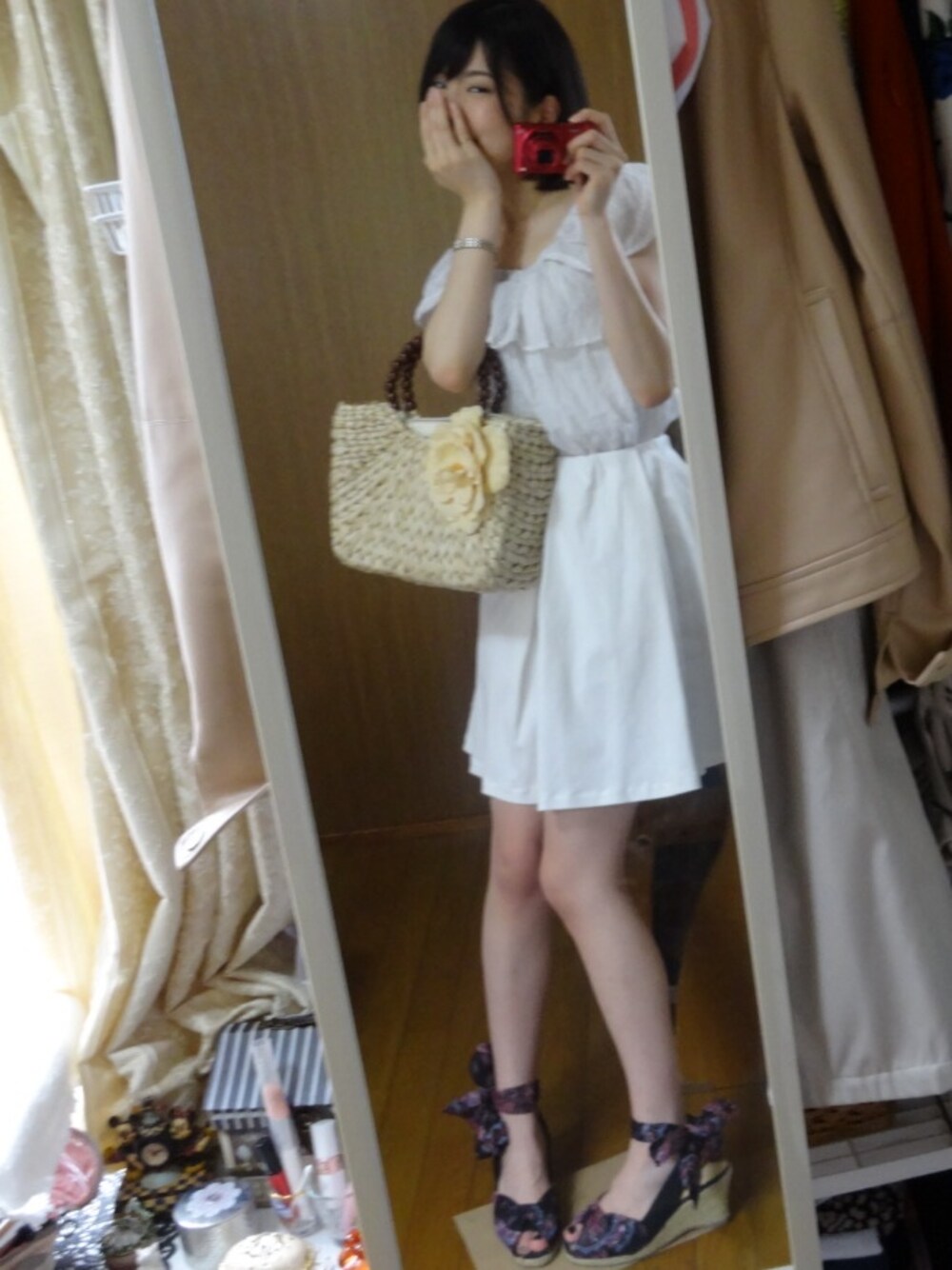 「ストライプ、ガーリー、ウェッジソール、夏コーデ」｜「MERCURYDUOのパープルストライプブラウス（シャツ/ブラウス、パープル系）」を使った、E-moiさん（レディース・155cm）の夏コーディネートの1枚目の写真