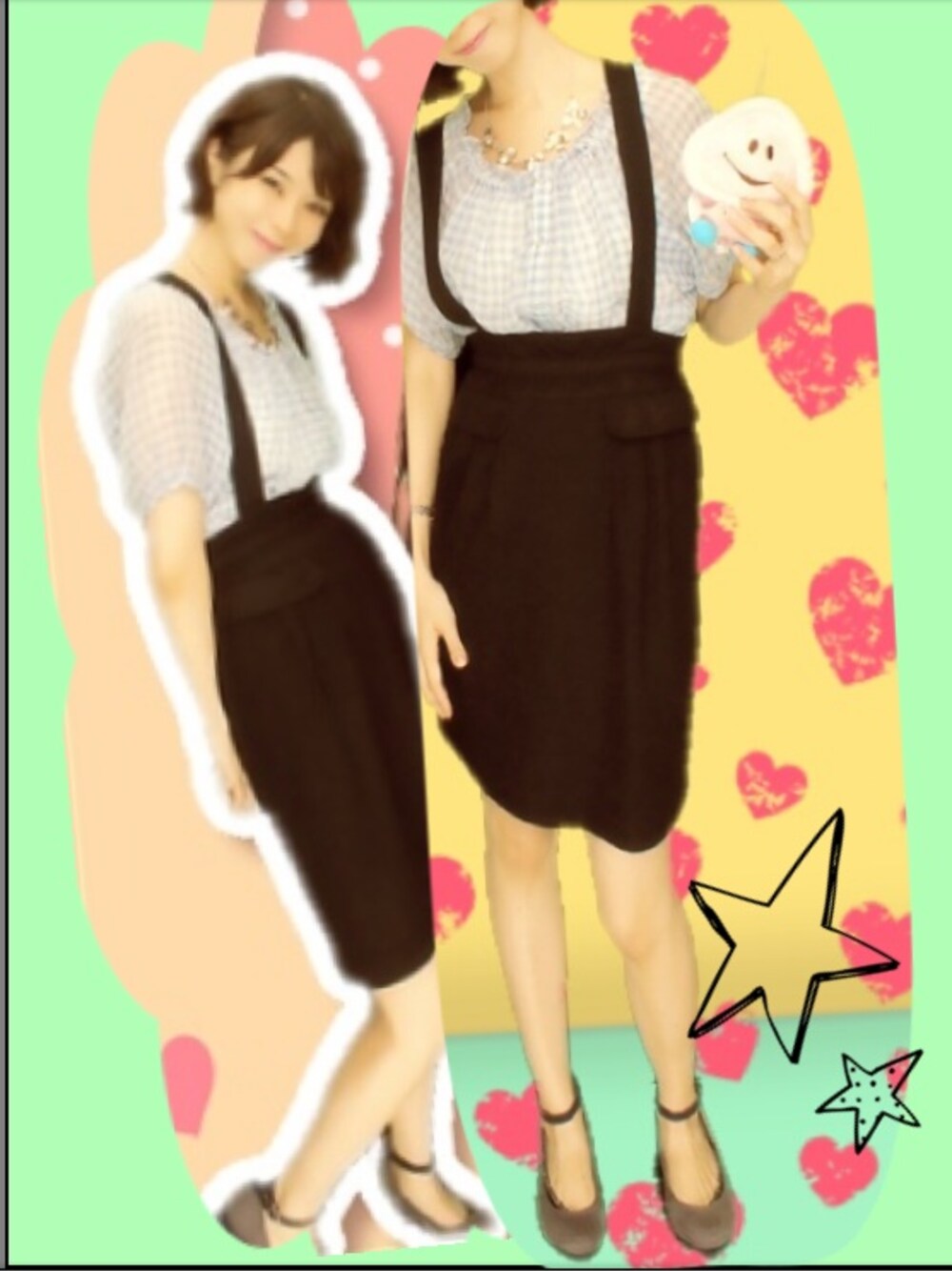 「ウエストイン、シフォンブラウス、厚底シューズ、プリクラ、mysty woman」｜「mysty womanのギンガムチェックオフショルダーブラウス（シャツ/ブラウス、ブルー系）」を使った、E-moiさん（レディース・155cm）の夏コーディネートの1枚目の写真