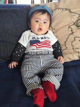 「OLD NAVY（オールドネイビー）のアイテム（Tシャツ/カットソー、ホワイト系）」を使った、yurimariさん（レディース・70cm）の春コーディネート