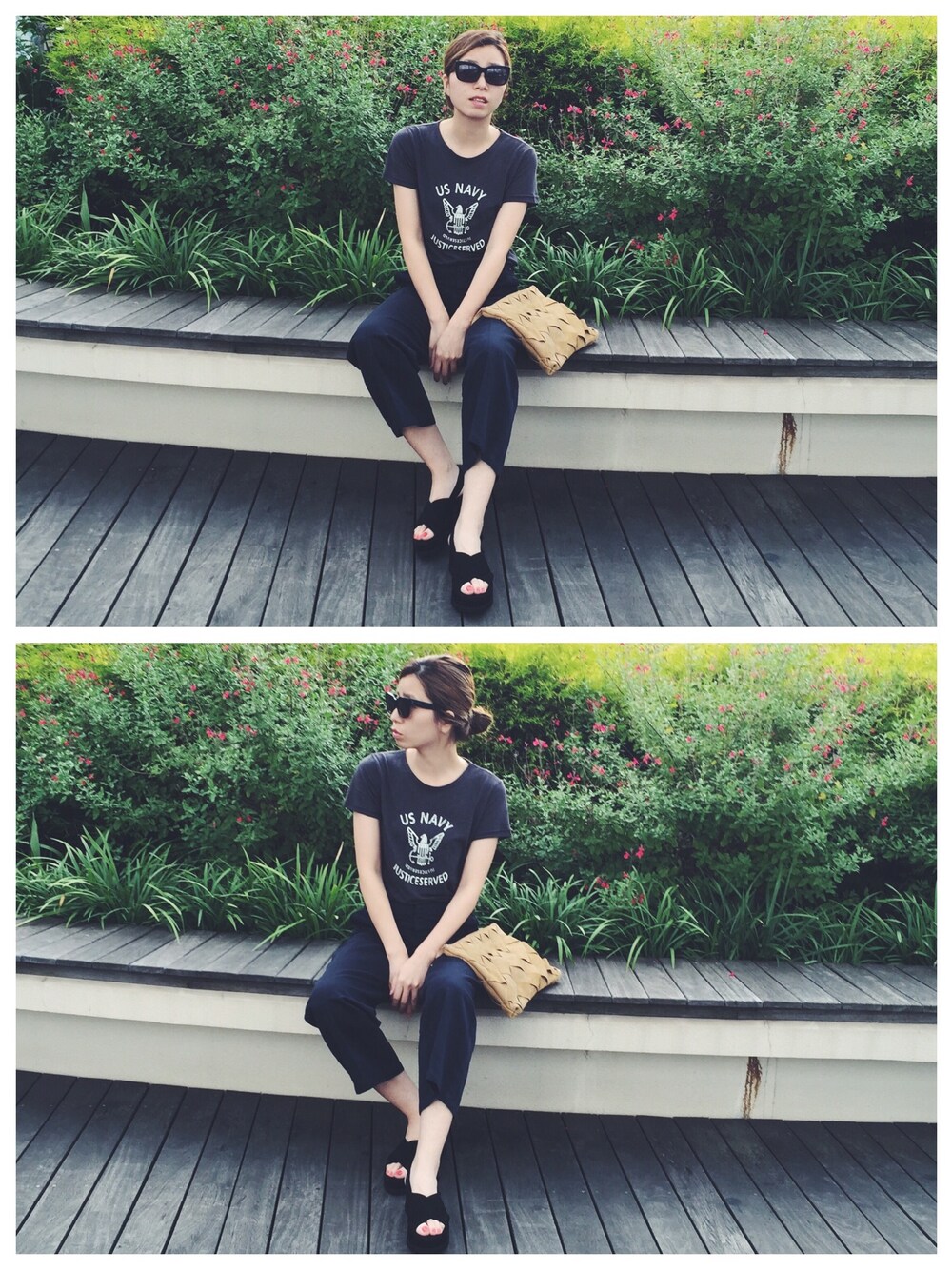 「CHERRYPIPI、CELINE、ZARA、シンプル、ノームコア、Tシャツ、クラッチバッグ、グレー、ネイビー、ブラック」｜「ZARAのアイテム（サンダル、ブラック系）」を使った、HIROMI MIYANAGAさん（レディース・167cm）の夏コーディネートの1枚目の写真