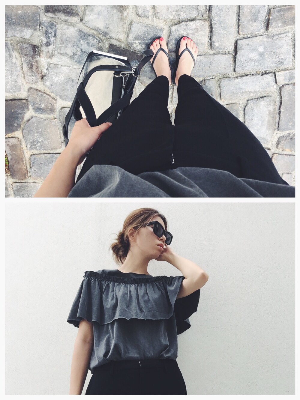 「CHERRYPIPI、LECIELBLEU、CELINE、ZARA、フリル、パンツ、シンプル、コーディネート、ブラックコーデ、シンプルコーデ」｜「CHERRYPIPIのアイテム（Tシャツ/カットソー、グレー系）」を使った、HIROMI MIYANAGAさん（レディース・167cm）の夏コーディネートの1枚目の写真