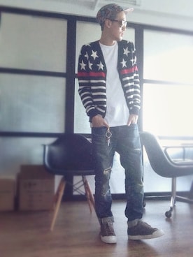 「PUBLISH（パブリッシュ）のアイテム（帽子）」を使った、Derek Tsangさん（メンズ・175cm）の夏コーディネート