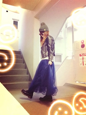 「パールアクセ」｜「アイテム（ライダースジャケット）」を使った、ゆかり🍎さん（レディース・152cm）の春コーディネート