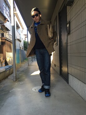 「柄×柄」｜「アイテム（ピーコート）」を使った、Kyohei Aoyagiさん（メンズ・169cm）の冬コーディネート