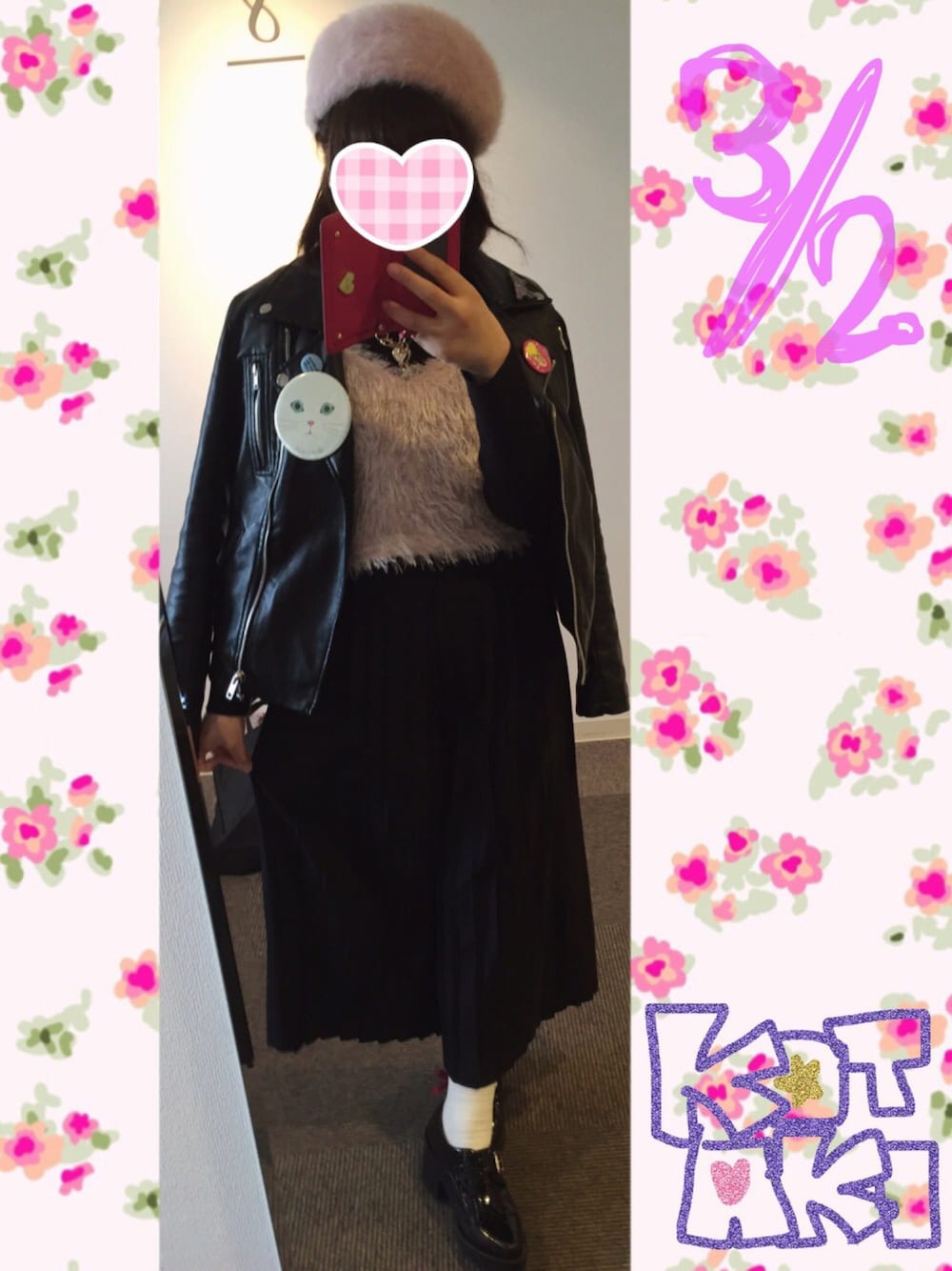 「プリーツガウチョパンツ、ガウチョパンツ、ニットキャミソール、ニットキャミ、ライダースジャケット、ベレー帽」｜「SHOO・LA・RUEのアイテム（ハンチング/ベレー帽、ピンク系）」を使った、KOTAKIさん（レディース・150cm）の春コーディネートの1枚目の写真