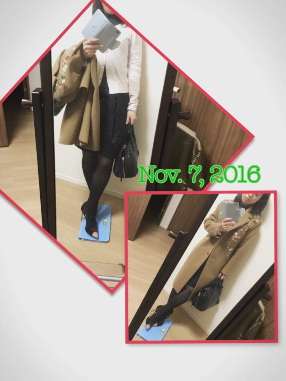 ピンク系のカーディガン/ボレロ、グレー系のTシャツ/カットソー、ブラック系のハンドバッグを着用したレディースの秋コーディネートの1枚目の写真
