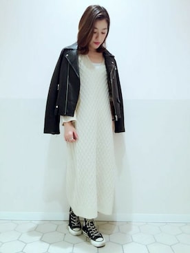 「A part by（アパートバイ）のアイテム（ライダースジャケット）」を使った、エミリさん（レディース・158cm）の秋コーディネート
