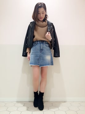 「A part by（アパートバイ）のアイテム（ライダースジャケット）」を使った、エミリさん（レディース・158cm）の秋コーディネート