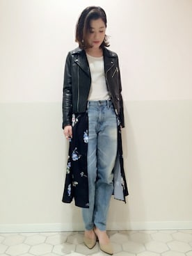 「A part by（アパートバイ）のアイテム（ライダースジャケット）」を使った、エミリさん（レディース・158cm）の冬コーディネート