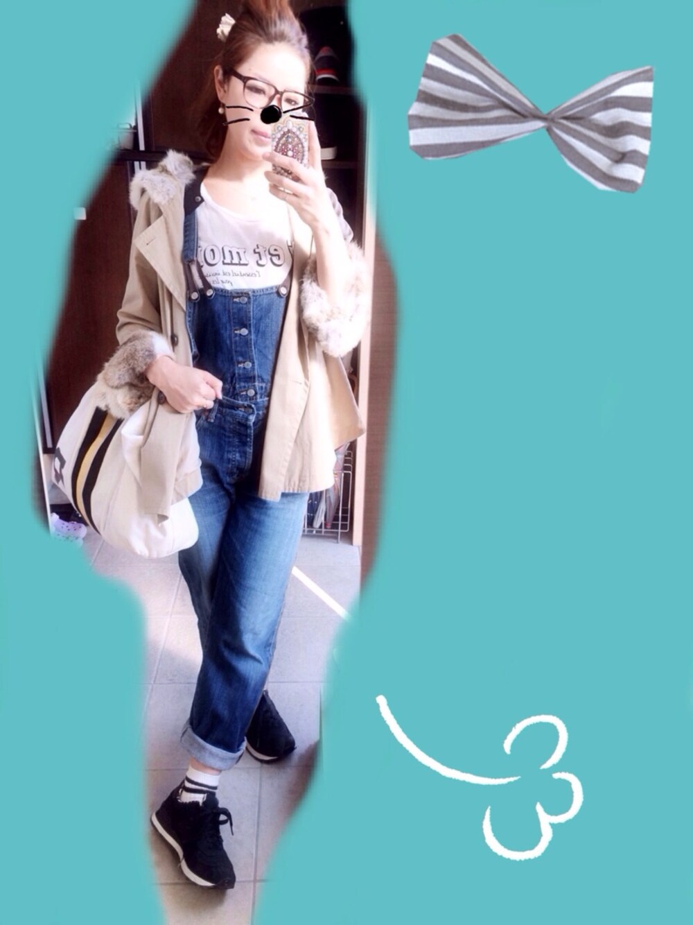 「白ソックス、reefur、スニーカースタイル」｜「MAISON DE REEFURのロゴリボンヘアゴム（ヘアゴム、ピンク系）」を使った、makiさん（レディース・161cm）の春コーディネートの1枚目の写真