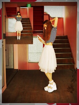 「LILY BROWN（リリーブラウン）のフレアチュールスカート（スカート、ホワイト系）」を使った、西上まなみさん（レディース・168cm）の春コーディネート