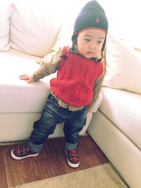 「アイテム（ベスト、レッド系）」を使った、ayapさん（キッズ・80cm）の春コーディネート