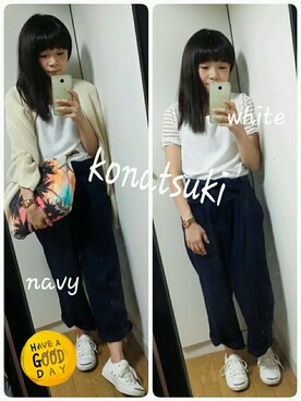 「RCWB（アールシーダブリュービー）のアイテム（パンツ）」を使った、KONATSUKIさん（レディース・142cm）の春コーディネート