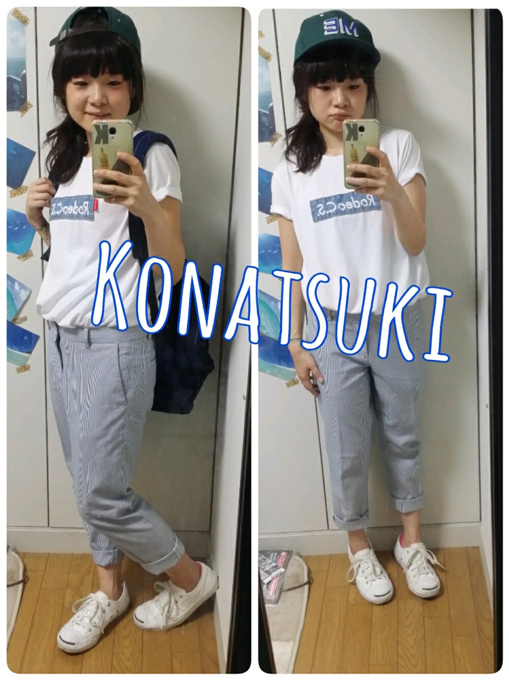 ホワイト系のトップス、ホワイト系のスニーカー、グリーン系のキャップを着用したレディースの夏コーディネートの1枚目の写真