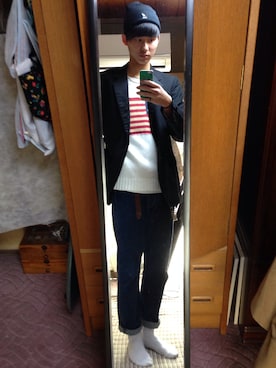 「RALPH LAUREN（ラルフ ローレン）の星条旗ニット（ニット/セーター、ホワイト系）」を使った、YamazakiYusukeさん（メンズ・184cm）の冬コーディネート
