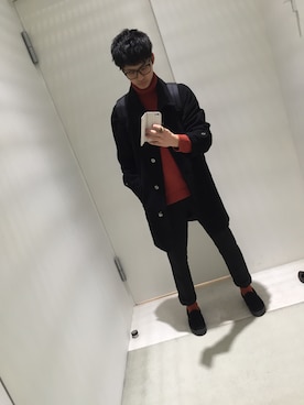 「no brand（ノーブランド）のアイテム（チェスターコート、ブラック系）」を使った、YamazakiYusukeさん（メンズ・184cm）の冬コーディネート