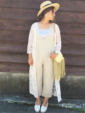 「アイテム（つなぎ/オールインワン、ベージュ系）」を使った、makikiさん（レディース・160cm）の夏コーディネート