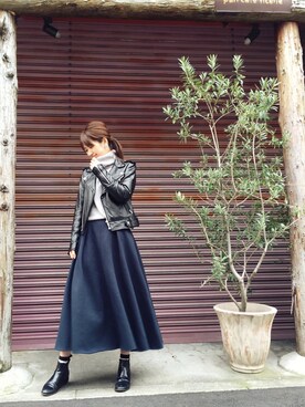 「TODAYFUL（トゥデイフル）のアイテム（ライダースジャケット）」を使った、YUKO さん（レディース・156cm）の冬コーディネート