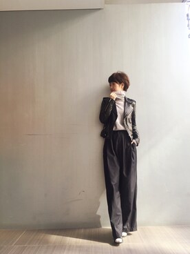 「TODAYFUL（トゥデイフル）のアイテム（ライダースジャケット）」を使った、YUKO さん（レディース・156cm）の冬コーディネート