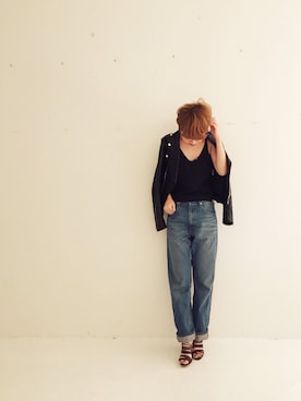 「TODAYFUL（トゥデイフル）のアイテム（ライダースジャケット）」を使った、YUKO さん（レディース・156cm）の春コーディネート