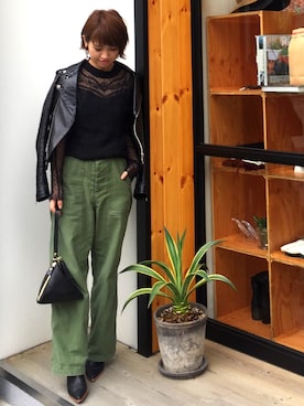 「TODAYFUL（トゥデイフル）のアイテム（ライダースジャケット）」を使った、YUKO さん（レディース・156cm）の秋コーディネート