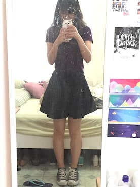 「American Apparel（アメリカンアパレル）のアイテム（スカート、ブラック系）」を使った、红洋冲さん（レディース）の夏コーディネート